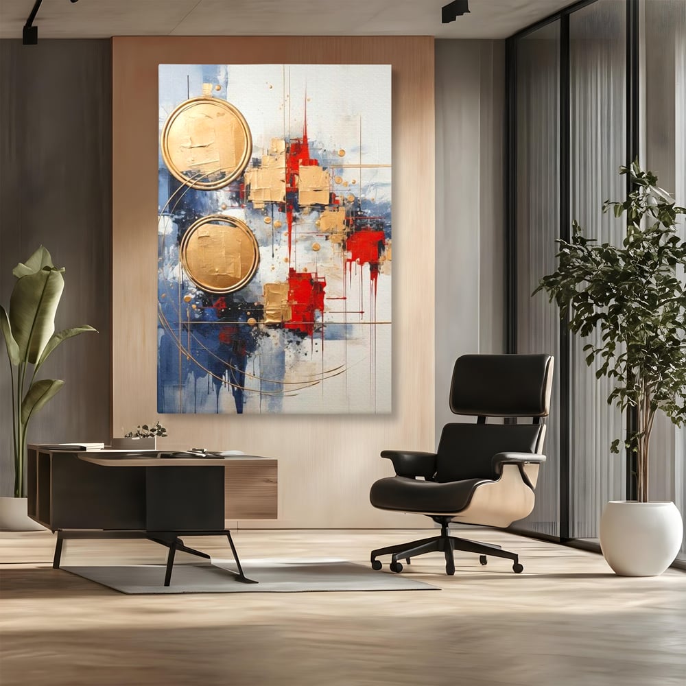 Tablou canvas cu tablou abstract cu cercuri aurii, fara rama, pe sasiu de lemn, pe perete intr-un birou